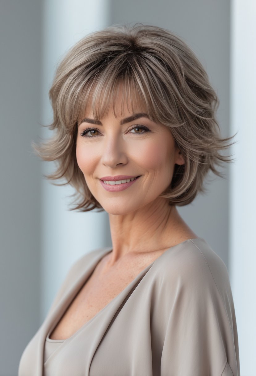 A mature woman with a shaggy bob haircut and bangs smiling against a plain background.