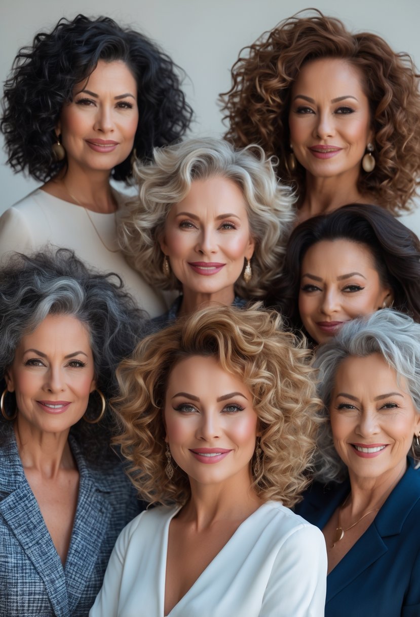 A group of women over 50 with voluminous curly hairstyles posing confidently in a bright studio.