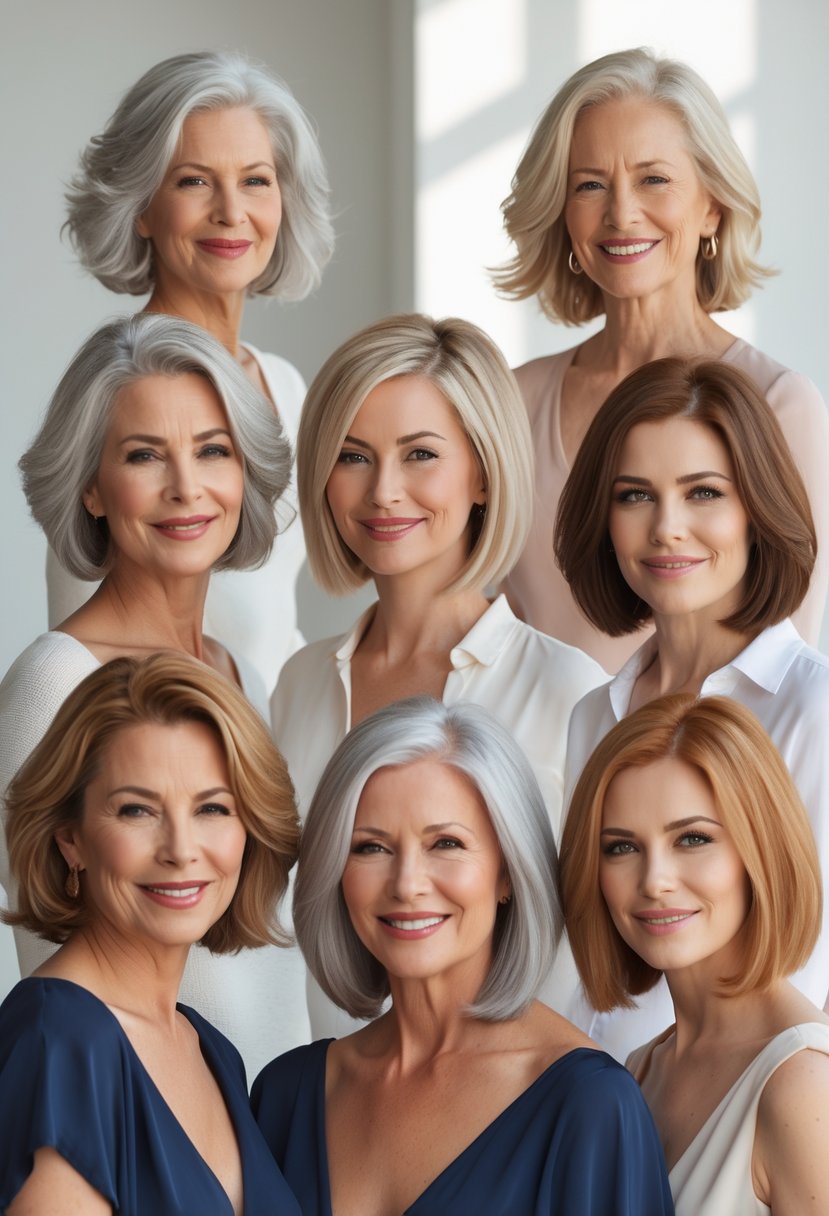 Six women over 50 with shoulder-length blunt cut hairstyles posing together in a bright studio.