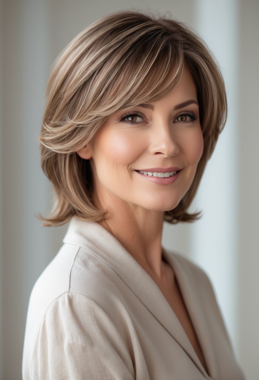 A smiling woman over 50 with side-swept bangs and layered hair looking confidently at the camera against a neutral background.