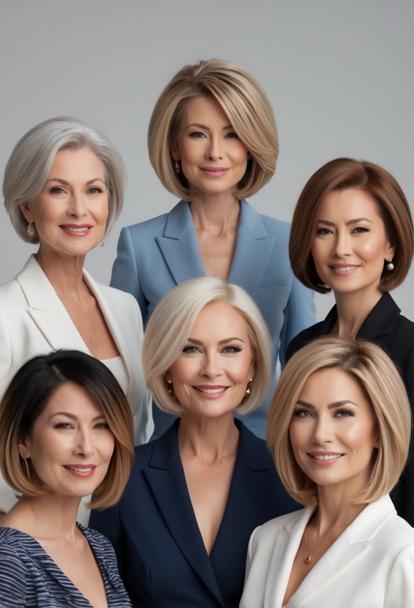 Five women over 50 standing together, each with a different asymmetrical bob haircut, smiling in a studio setting.