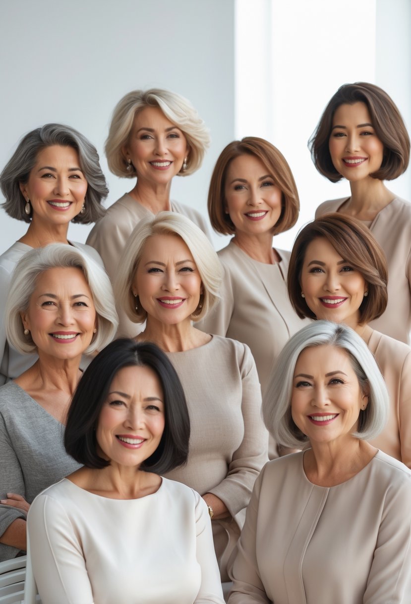 A group of women over 50 with different chin-length bob haircuts smiling in a bright studio.