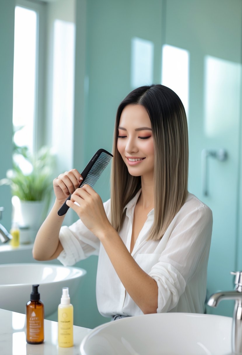 A woman styling her fine hair in a bright bathroom with hair care products on the counter.