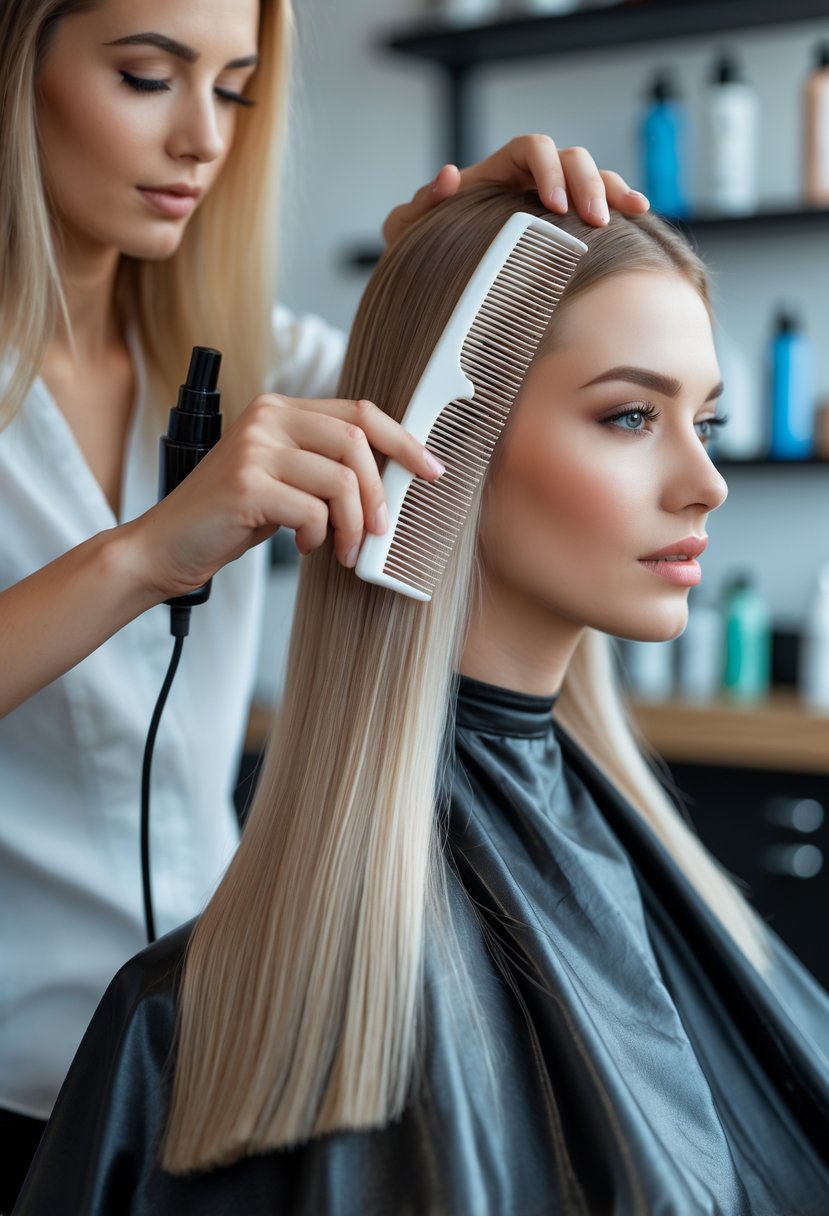 A woman with fine straight hair is seated in a salon chair while a hairstylist styles her hair using a comb and spray bottle.
