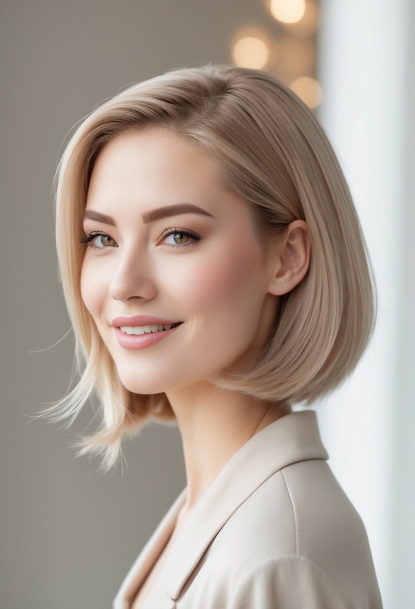 Young woman with fine straight hair styled to add volume, smiling softly against a blurred neutral background.