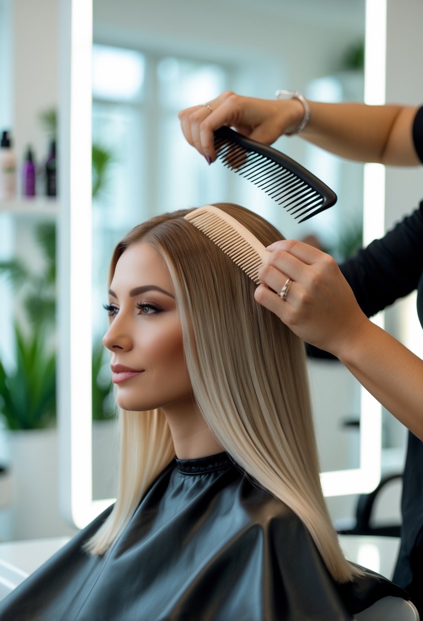 A woman with fine hair is having her hair styled by a hairstylist in a bright salon.
