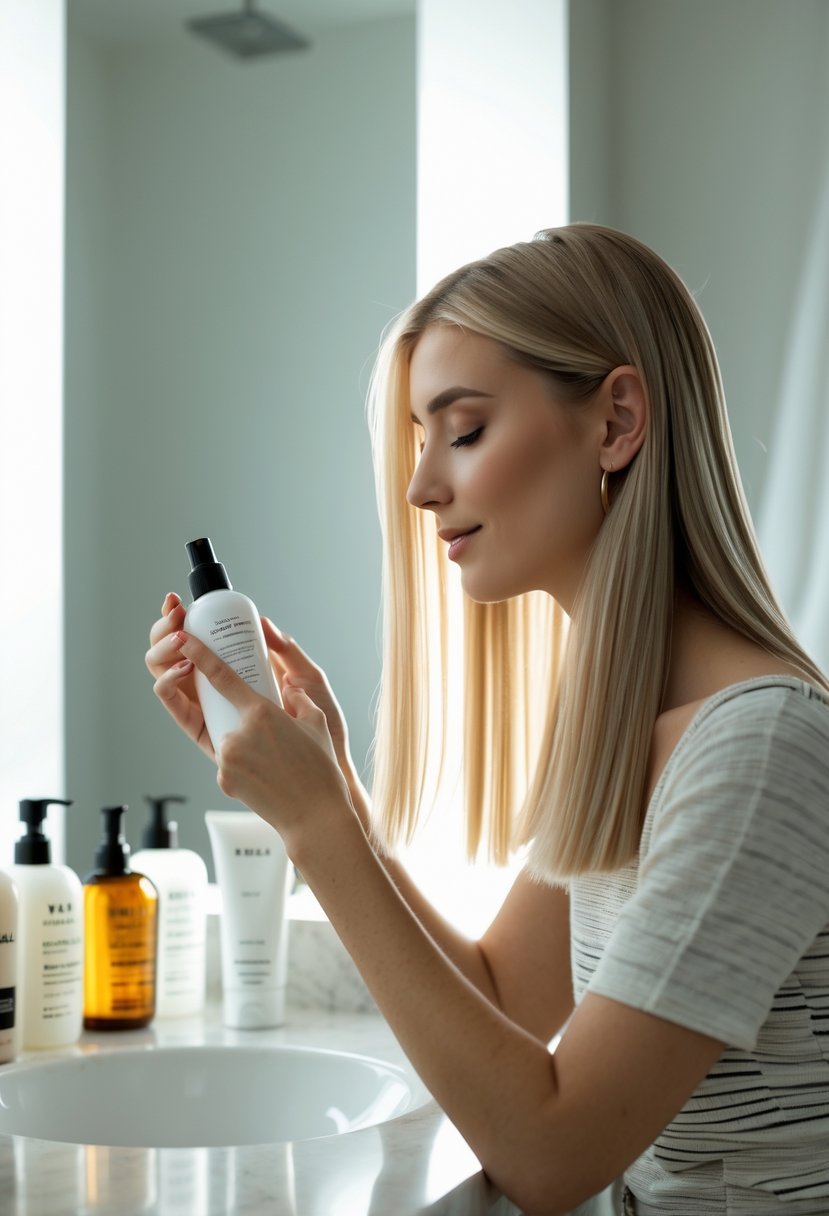 A young woman applying hair product to her fine hair in a bathroom with hair care items on the counter.