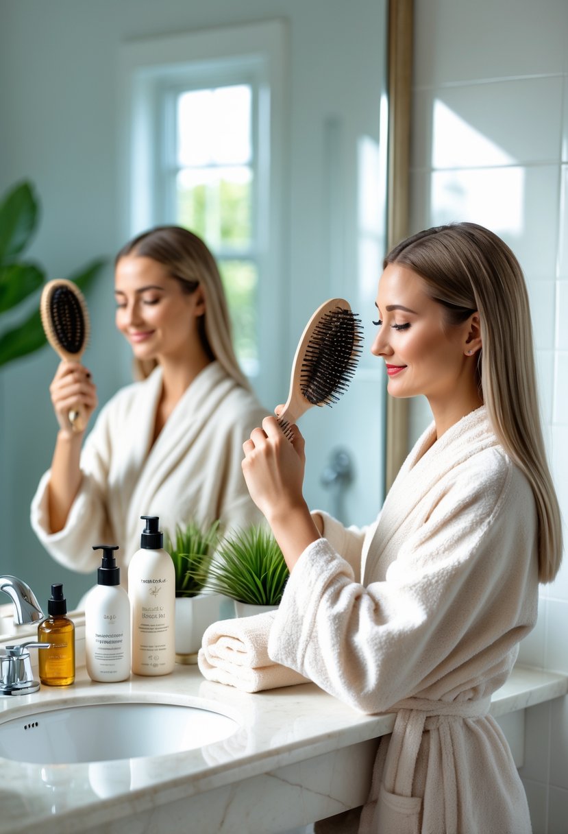 A woman styling her fine hair in front of a bathroom mirror with hair care products on the counter.