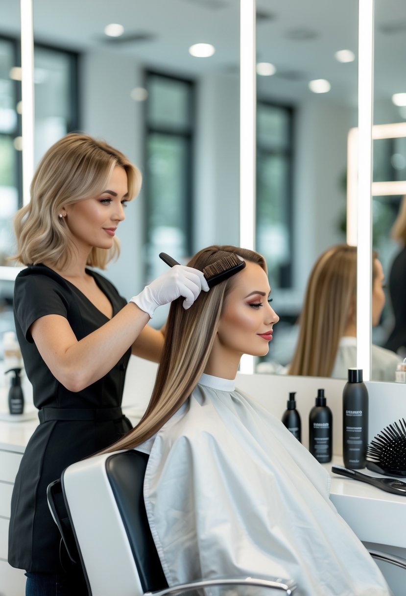 A woman with fine hair having color applied by a hairstylist in a modern salon.