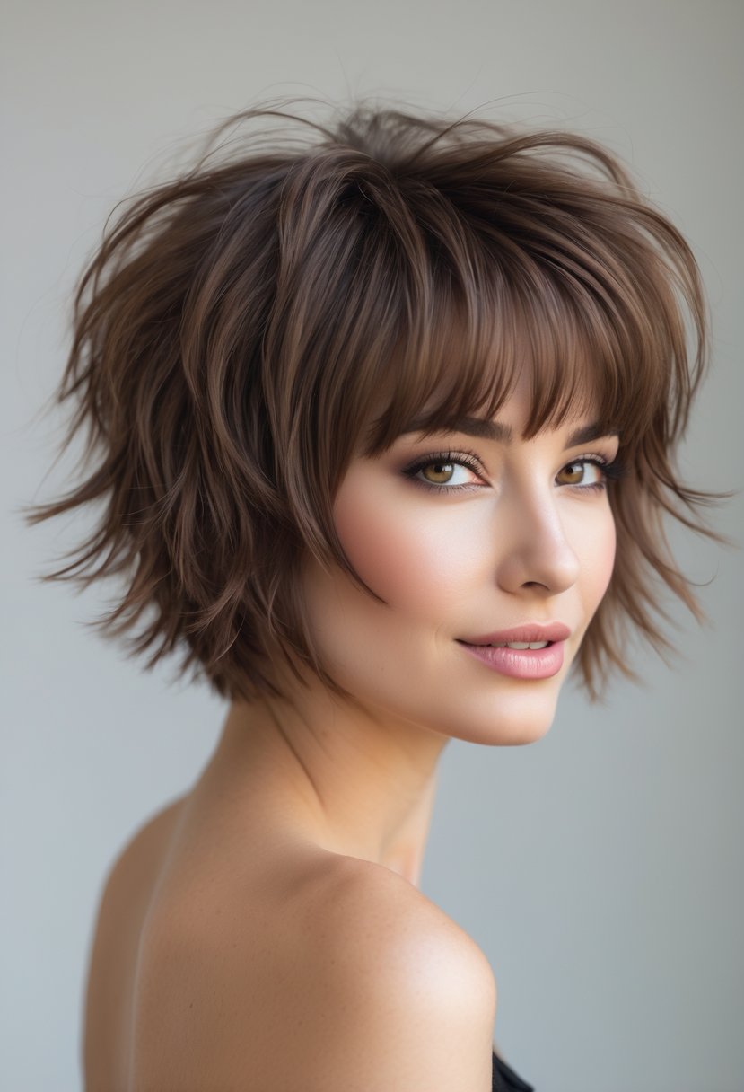 A woman with short brown layered hair and bangs, looking slightly off-camera against a plain background.