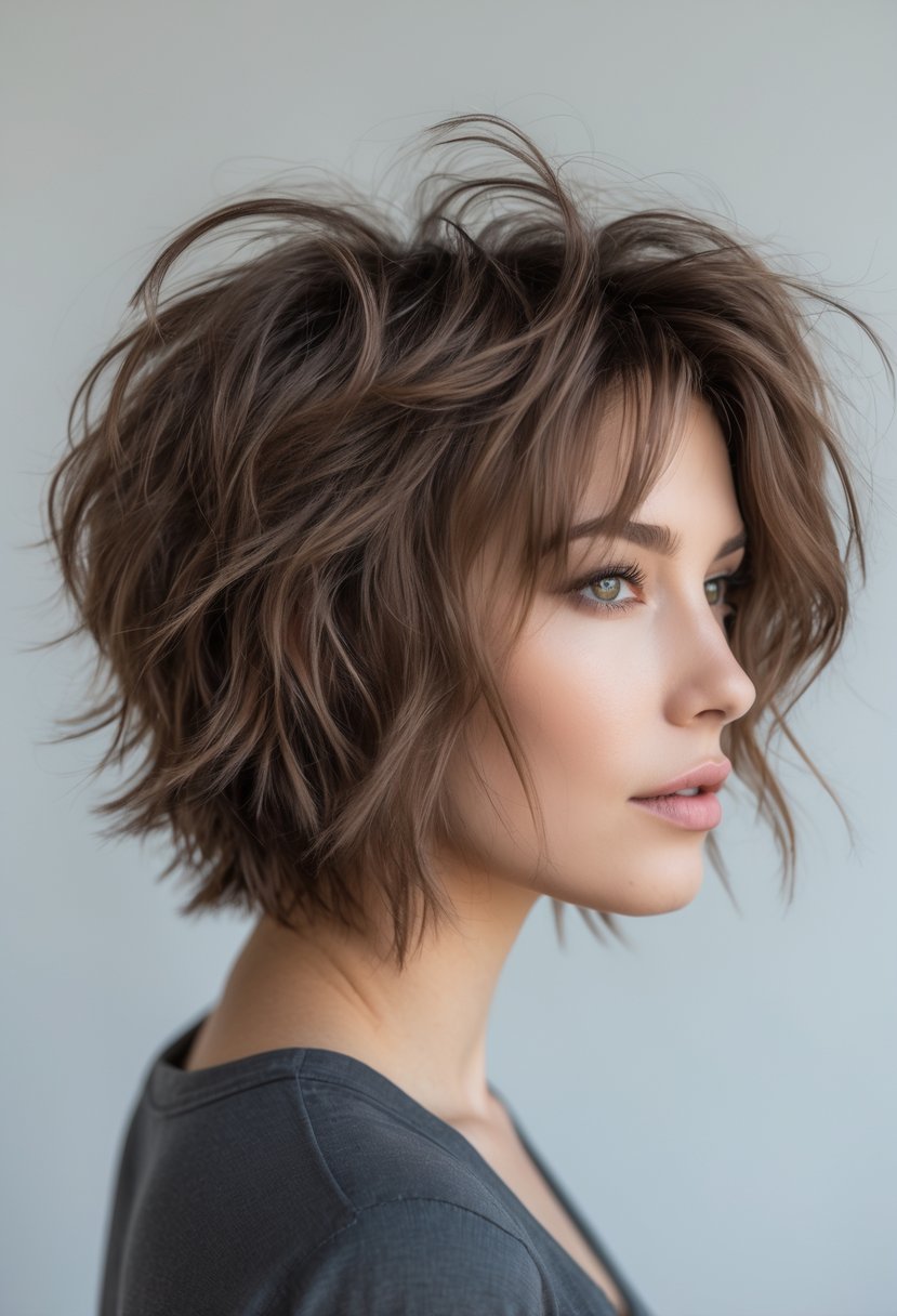 Portrait of a person with messy brown wavy short hair styled in a shag cut, shown from the shoulders up against a plain background.