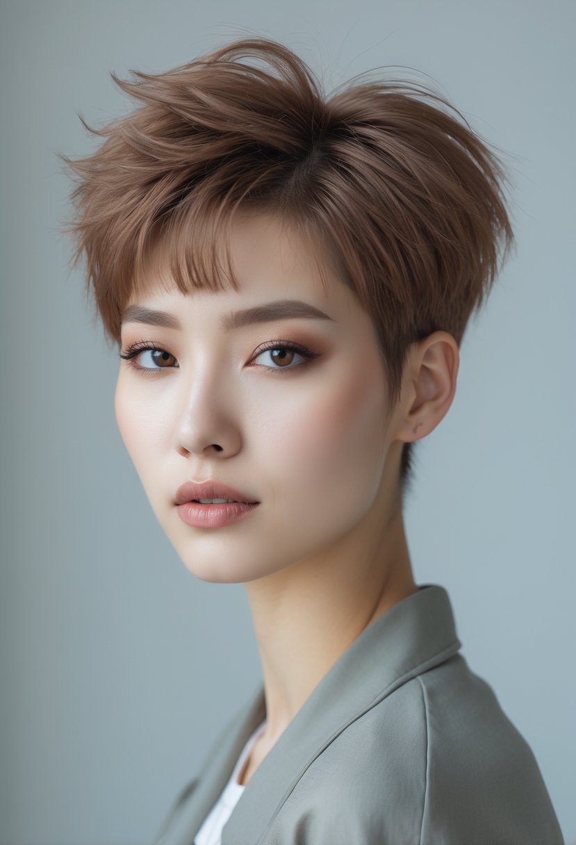 A young adult with a short layered haircut posing against a plain background.