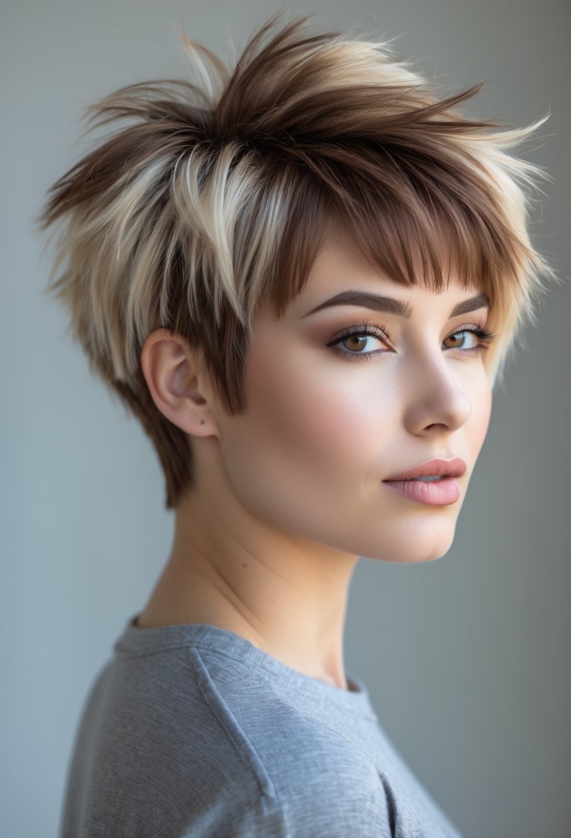 Person with short brown and blonde layered hair styled in a wolf cut, looking forward with a neutral expression.