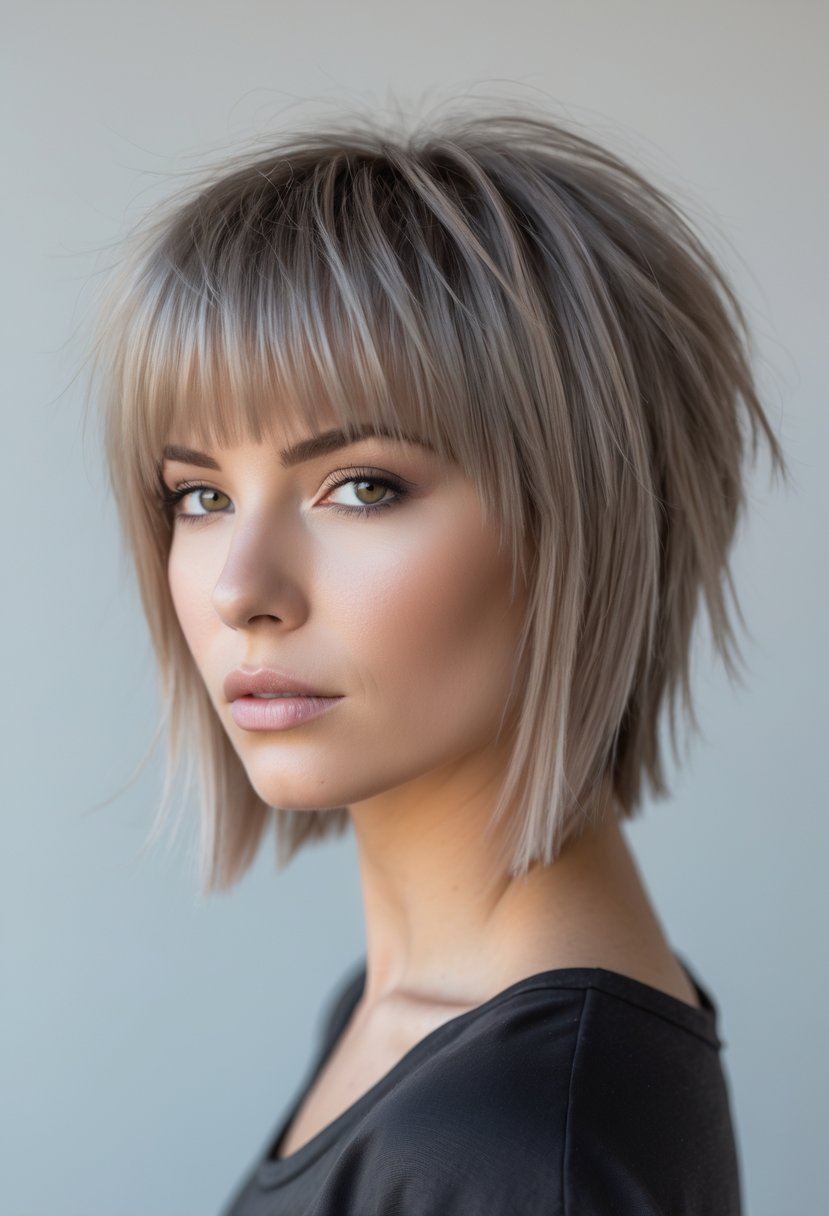 Person with short layered hair and choppy bangs looking forward against a plain background.