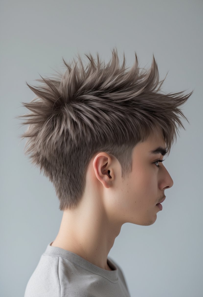 Portrait of a young adult with layered, textured short hair against a plain background.