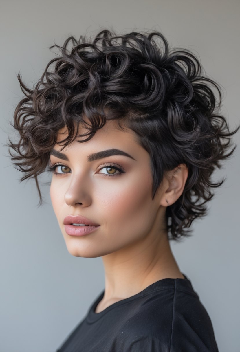 Person with short, curly hair styled in a layered wolf cut, looking confidently at the camera against a plain background.