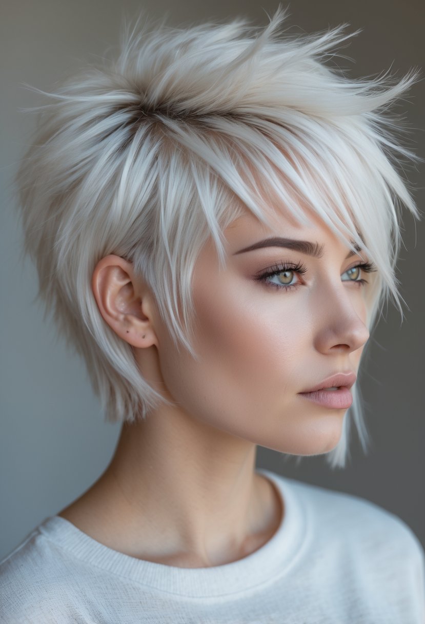 Close-up portrait of a person with short white-blonde layered hair styled in a wolf cut.