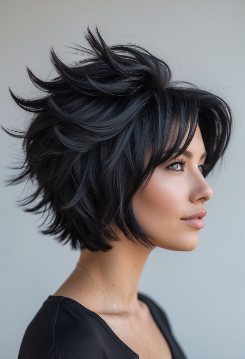 Person with short, voluminous black hair styled in a layered wolf cut, looking slightly to the side against a plain background.