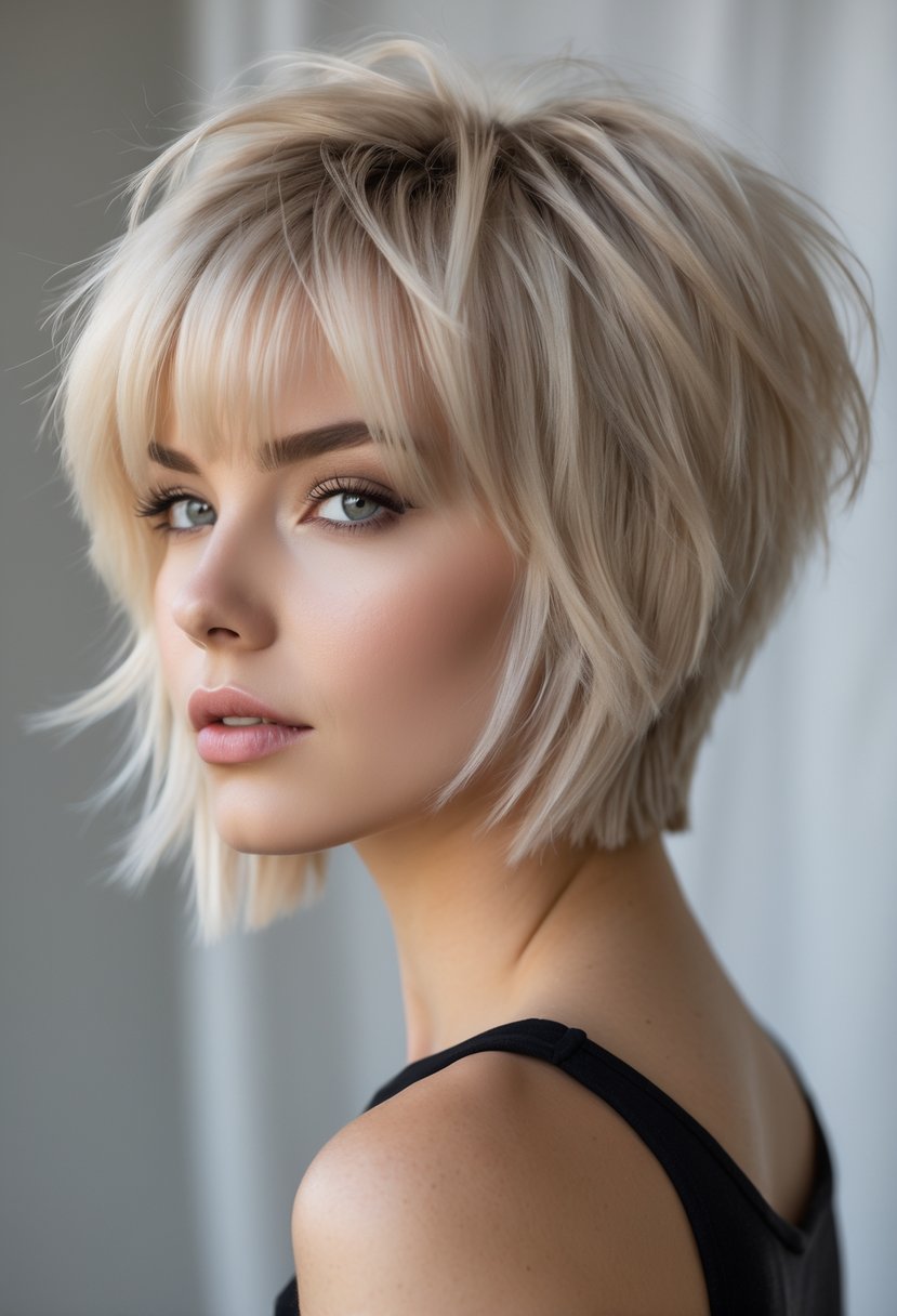 A young woman with short blonde layered hair and curtain bangs looking slightly to the side against a neutral background.
