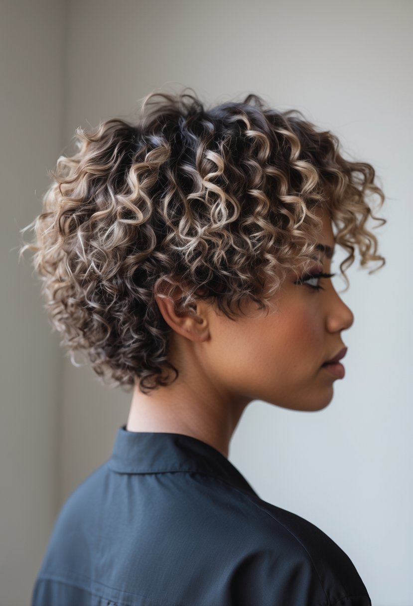 A person with short curly hair styled in a layered wolf cut with highlights, shown against a plain background.