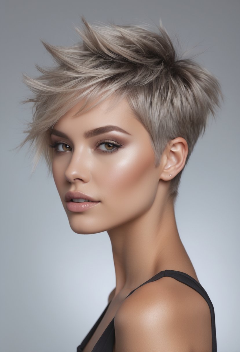 A young woman with a short layered haircut looking slightly to the side against a neutral background.