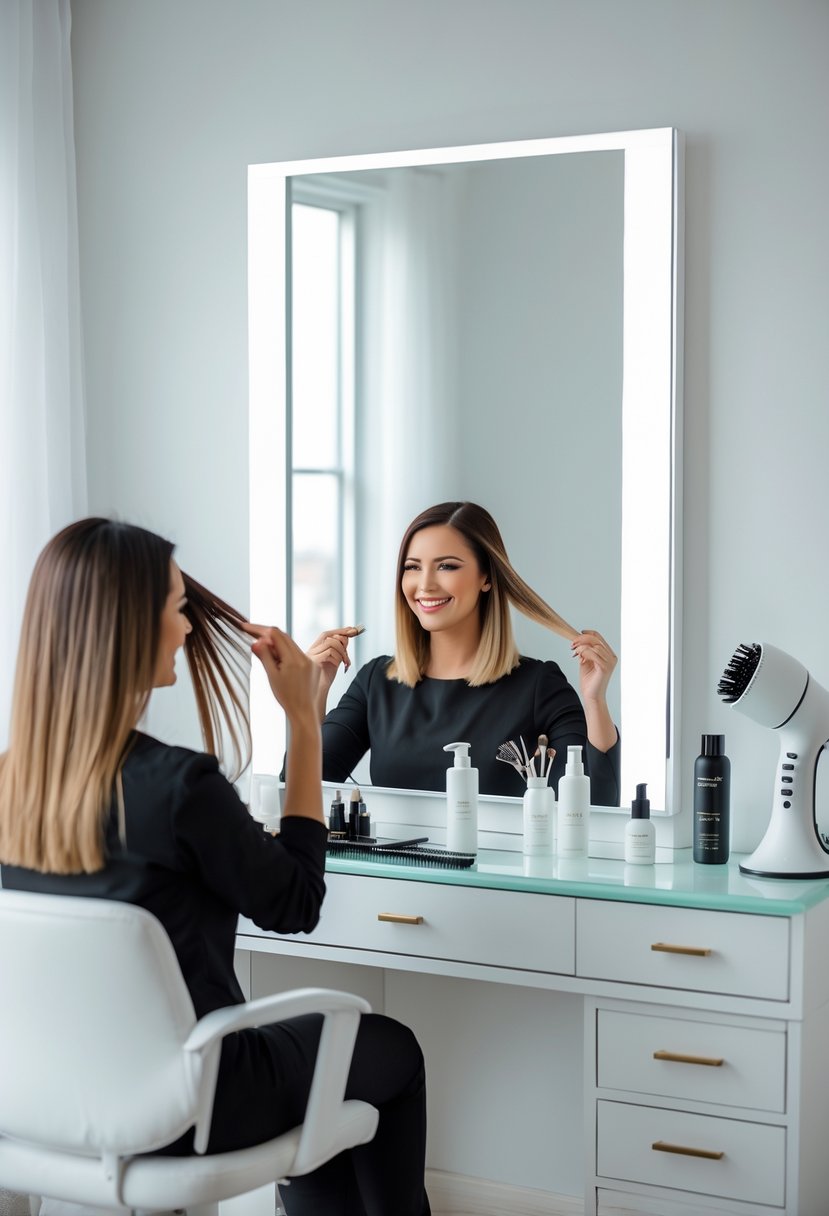 A woman sitting at a vanity table with hairstyling tools, sectioning her hair in front of a mirror.