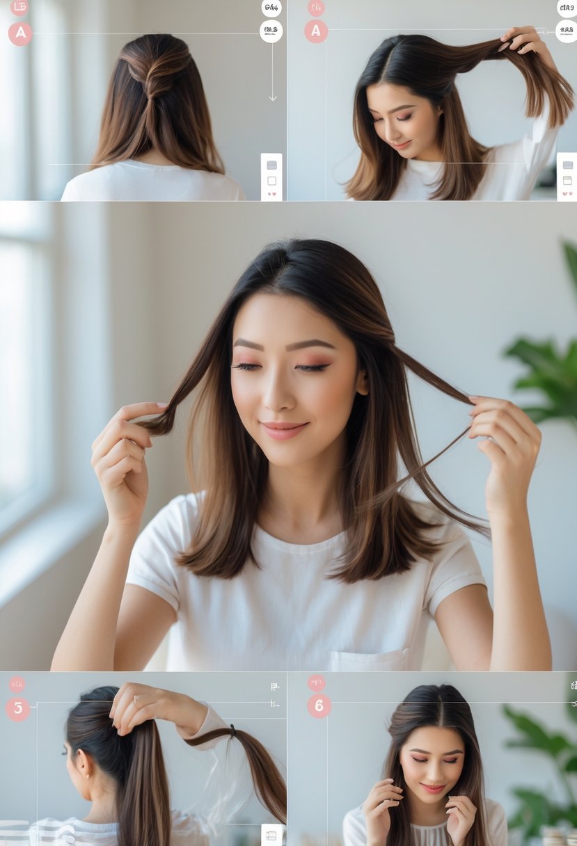 A young woman demonstrating an easy hairstyle step by step in a bright indoor setting.