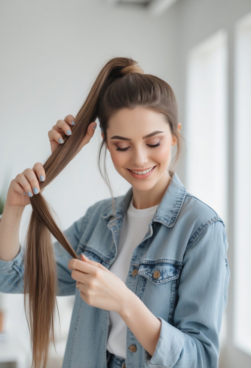 A young woman demonstrating three quick everyday hairstyles step by step indoors.
