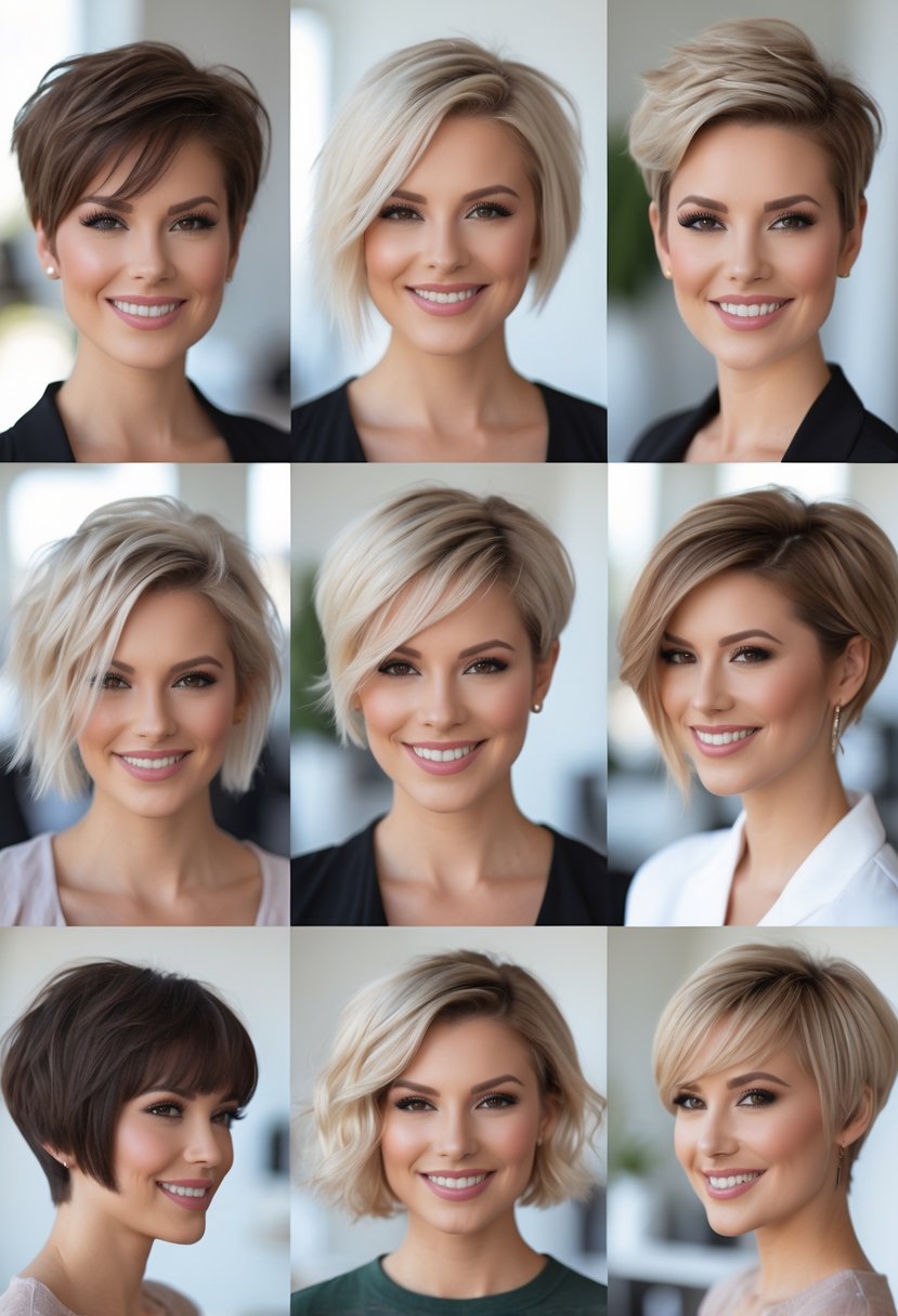 A group of women with different short hairstyles smiling in a bright salon.