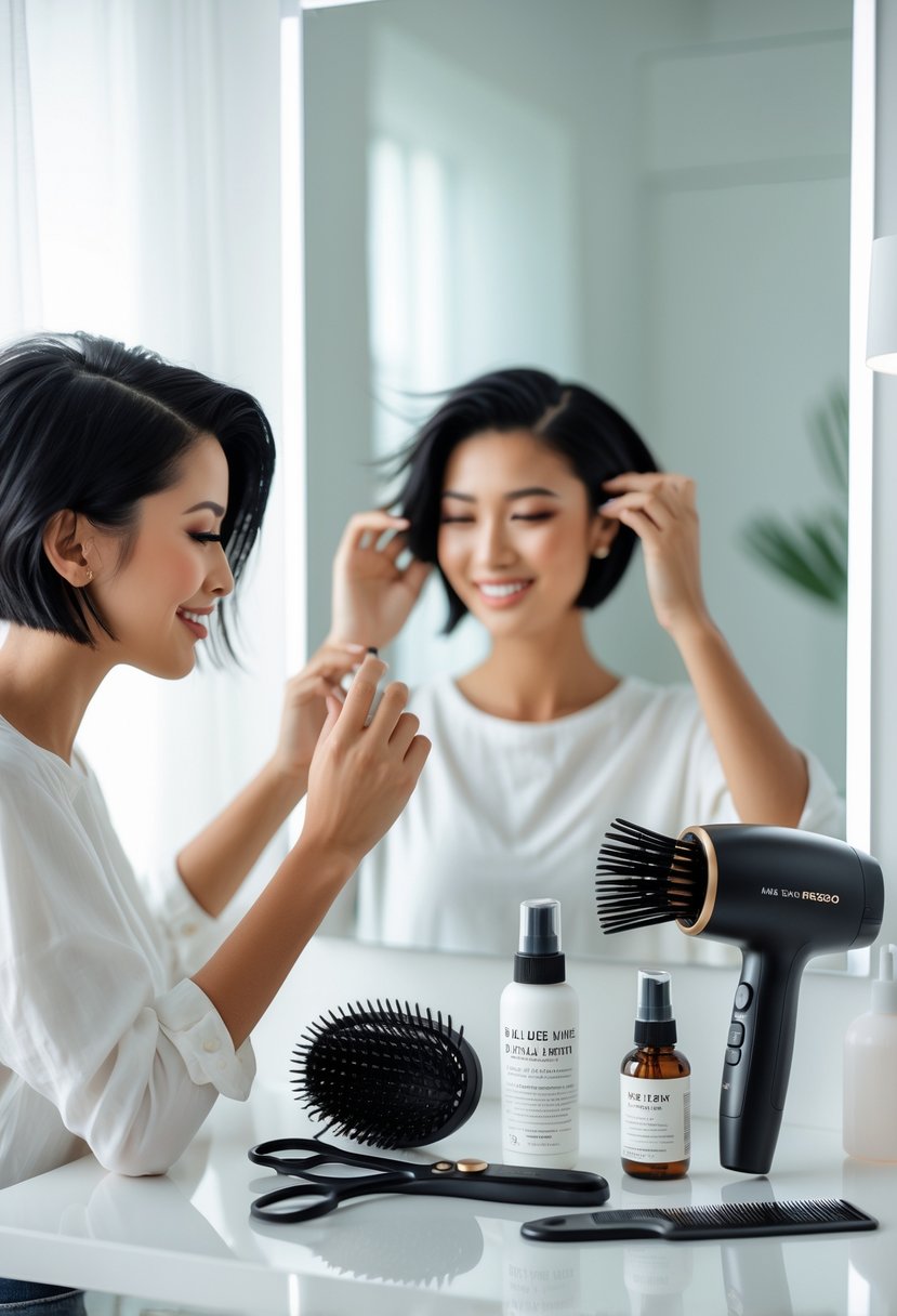 A young woman with short hair styling her hair in front of a mirror, with haircare products and tools arranged on a countertop nearby.