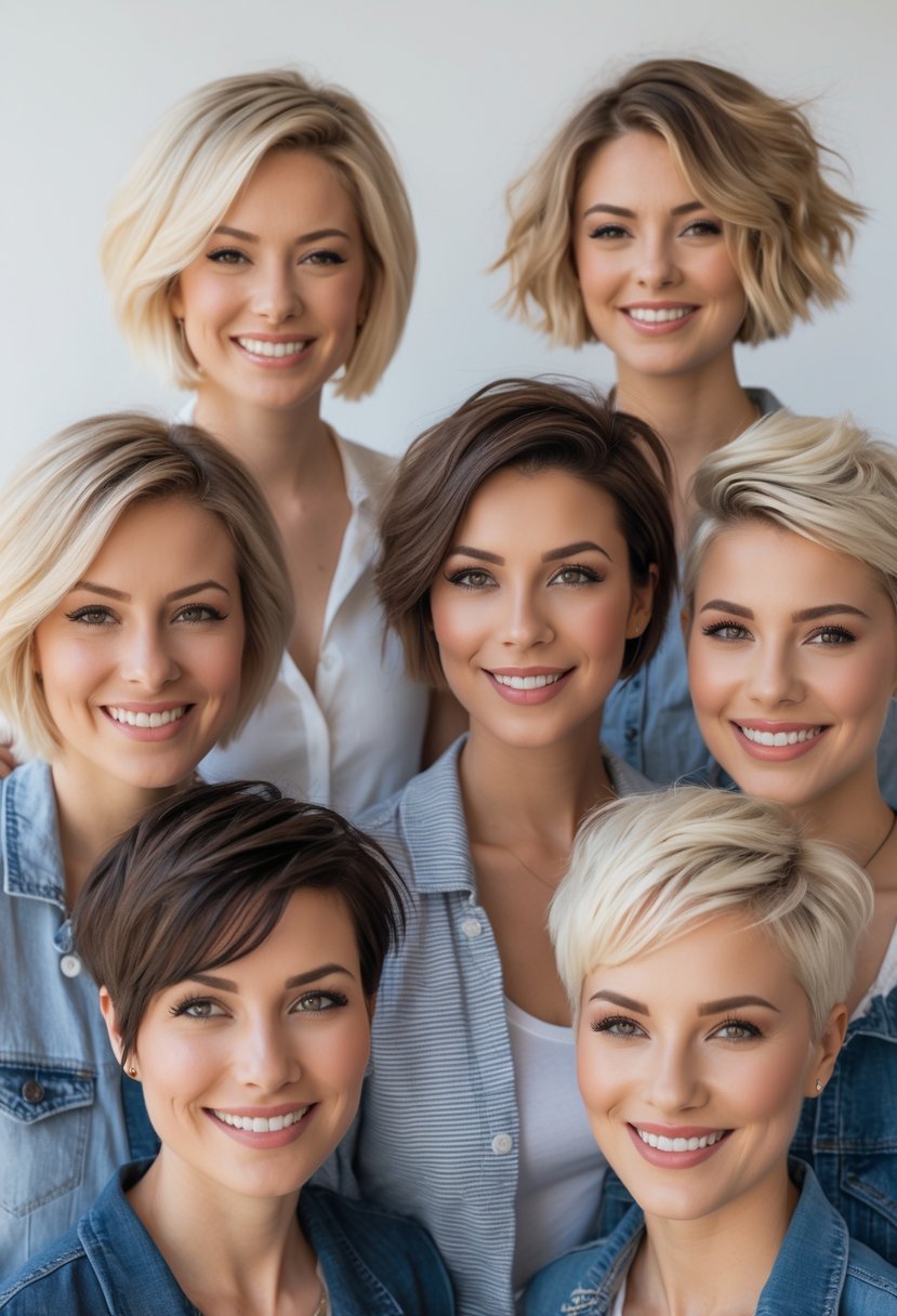 A group of women with different short hairstyles smiling against a plain background.