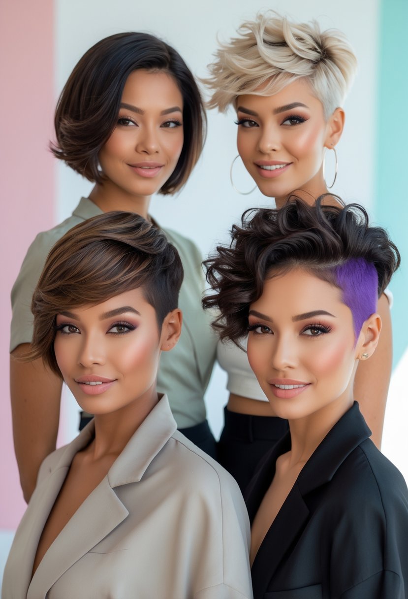 Four women with different short hairstyles smiling in a bright studio setting.