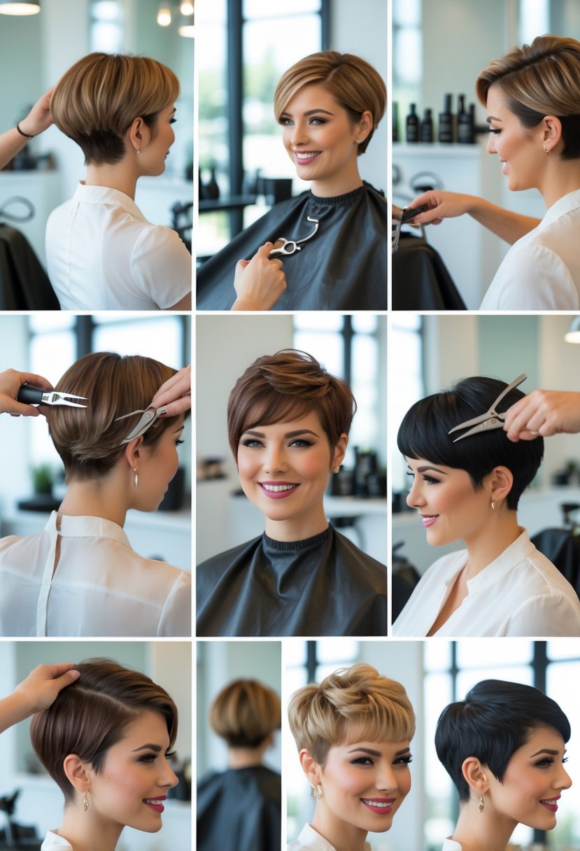 A group of women with short hair receiving haircuts and styling in a bright salon.