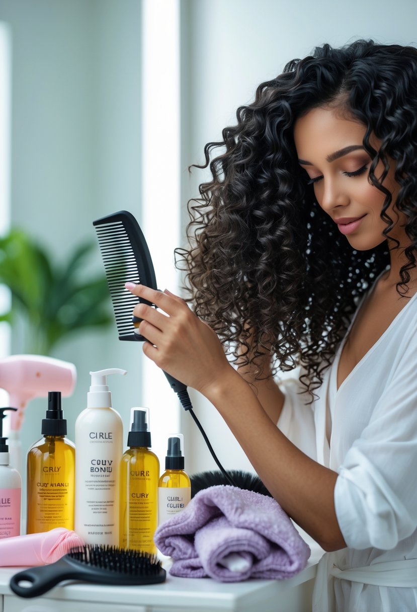 A person with curly hair styling their hair surrounded by curly hair care products and tools on a countertop.