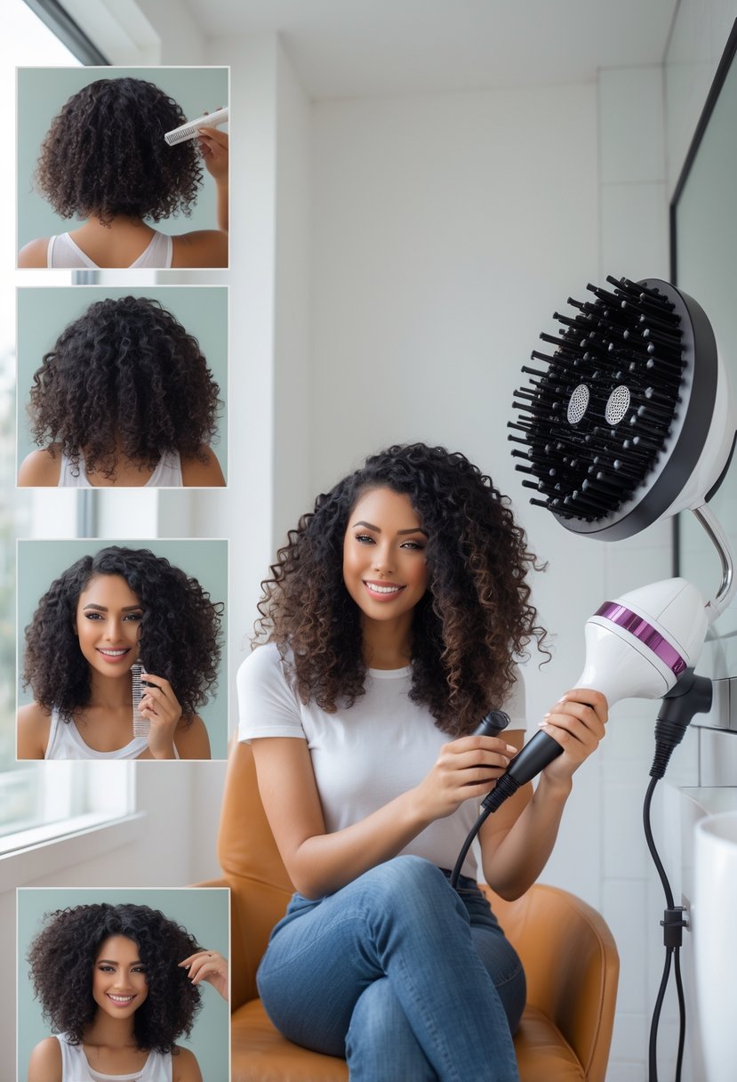 A woman styling her curly hair step-by-step in a bright bathroom, showing detangling, applying product, drying with a diffuser, and shaping curls.