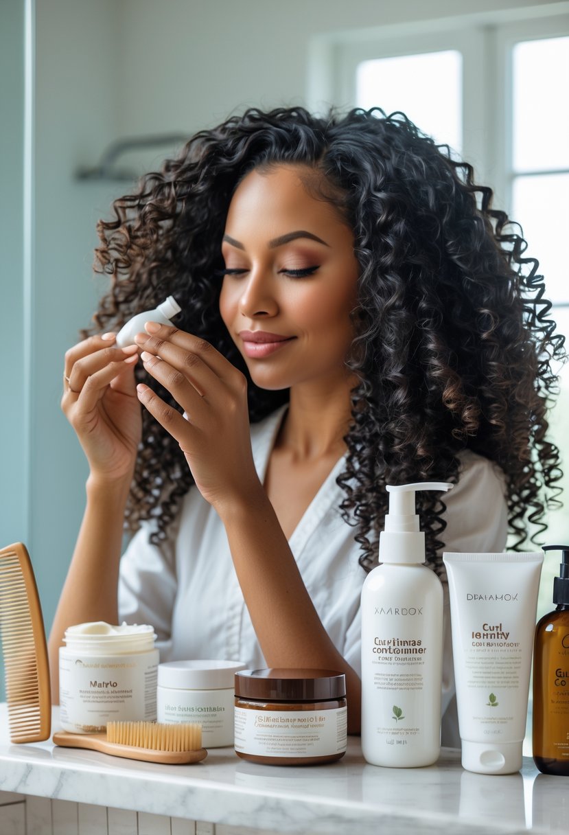 A woman applying hair product to her curly hair in a bright bathroom with hair care items on the counter.