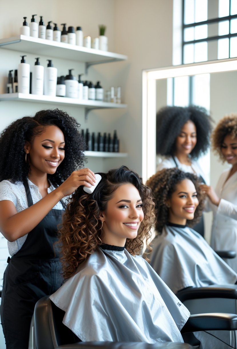 Three women with curly hair in a salon, one receiving hair treatment while others look at their curls in the mirror.