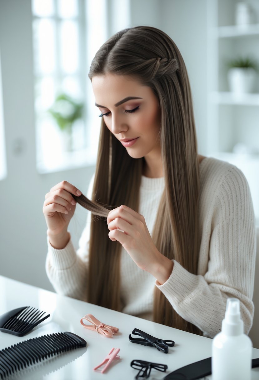 A young woman preparing to do a French braid with hair tools on a table in front of her.