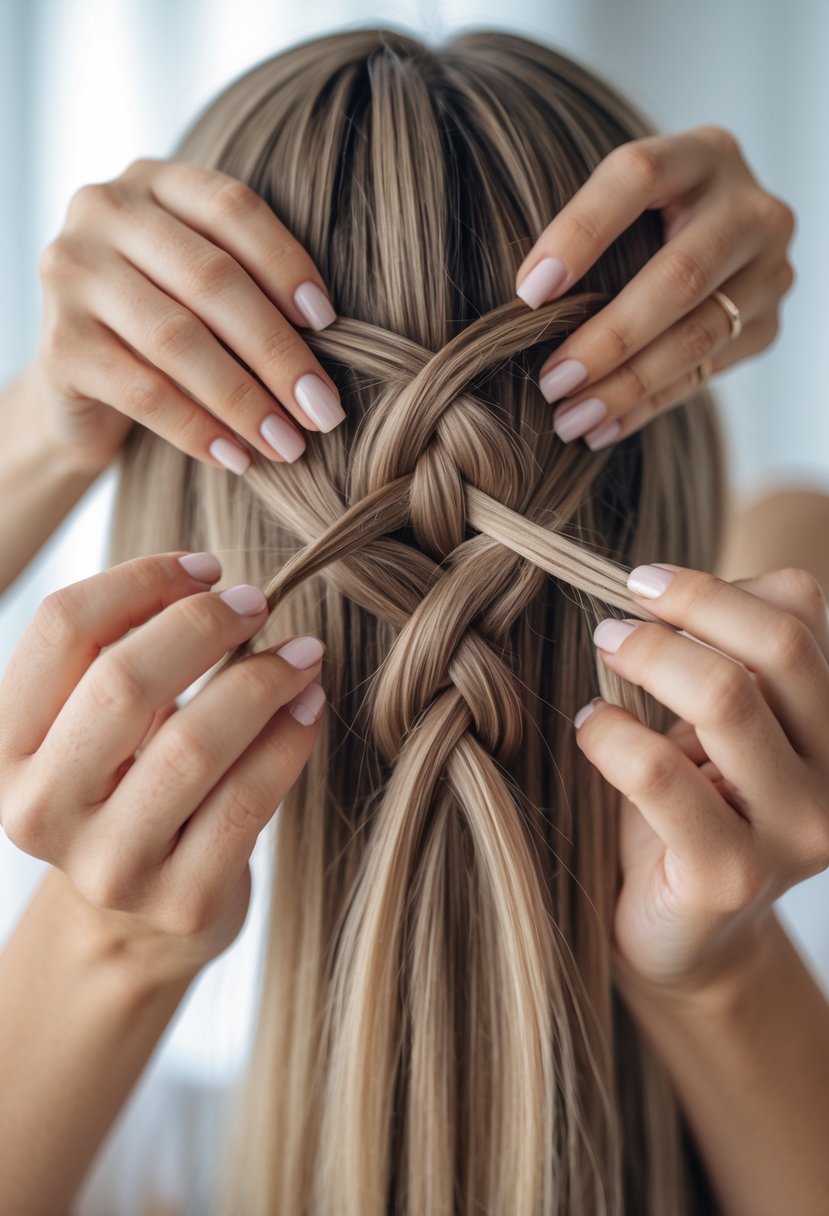 Close-up of a person braiding hair into a French braid, showing hands weaving sections of hair.
