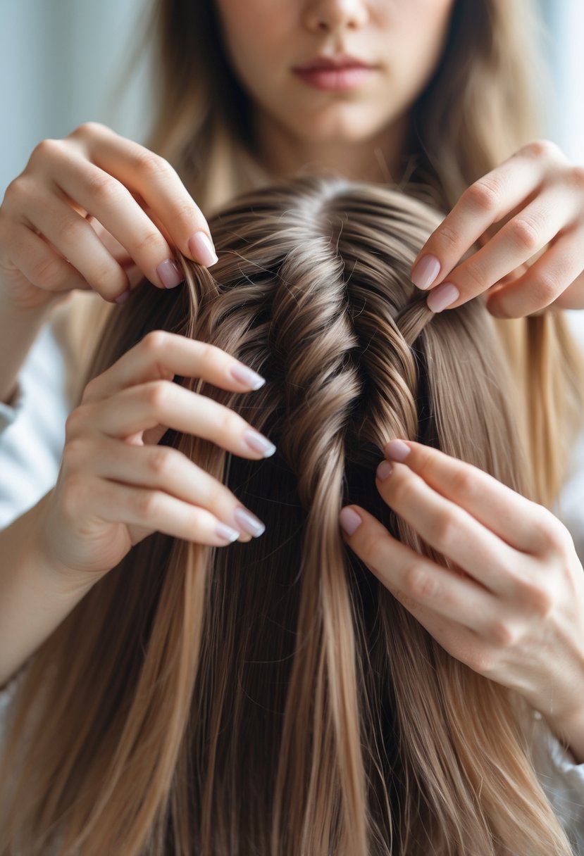 A young woman with medium-length hair is carefully braiding her hair with her hands.