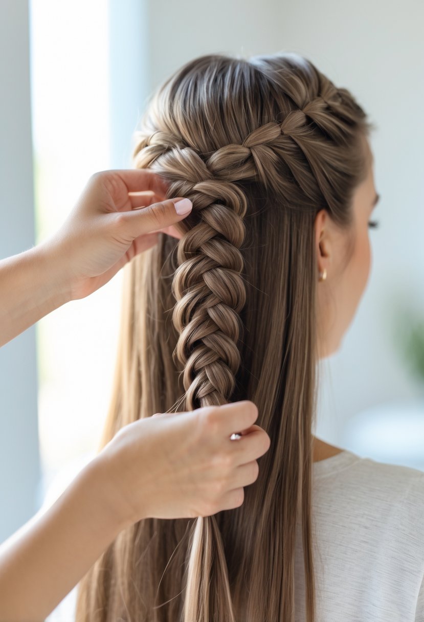 A young woman braiding her hair into a French braid, focusing on her hands weaving the braid.