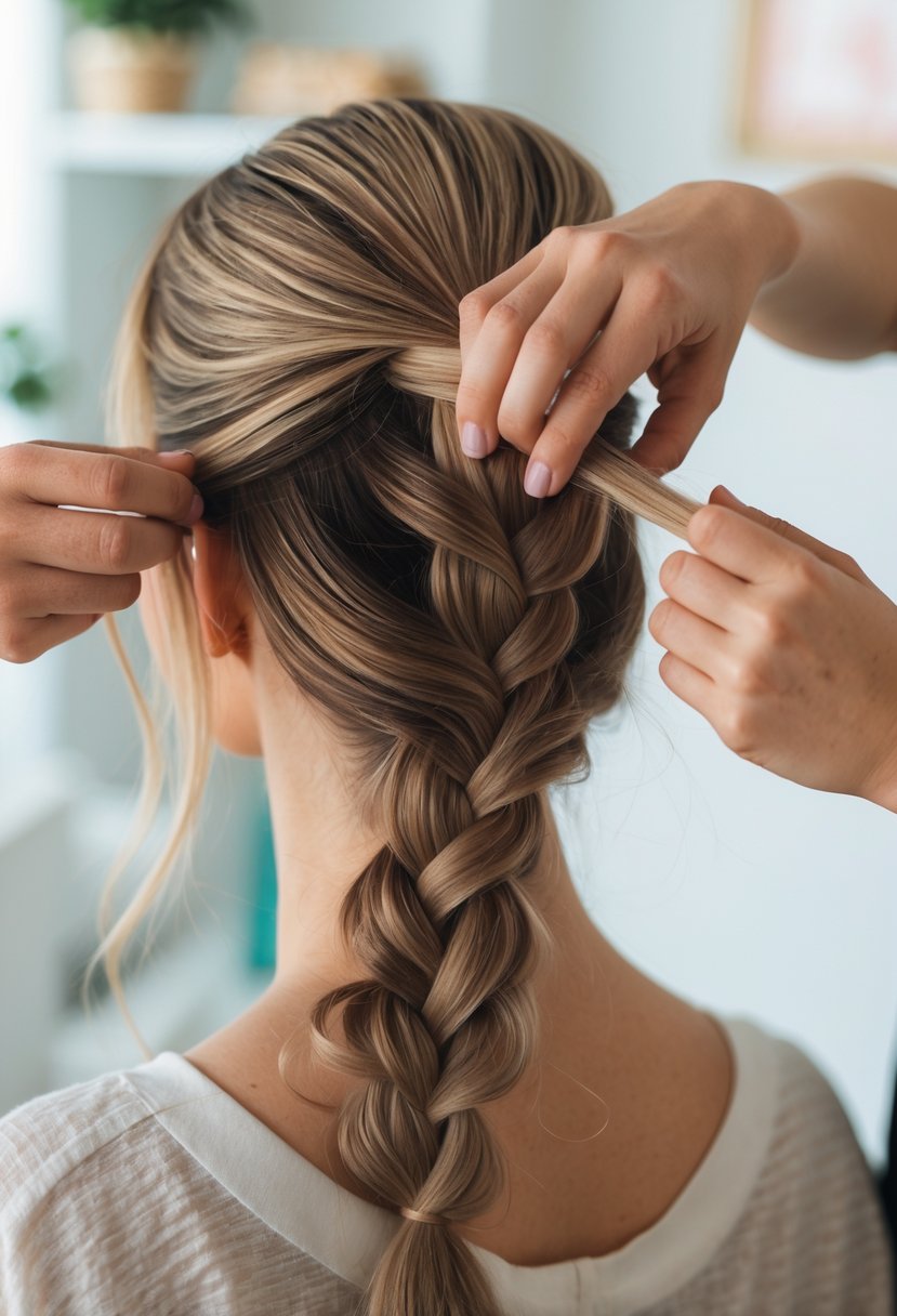 Close-up of a person braiding another person's hair into a French braid indoors.