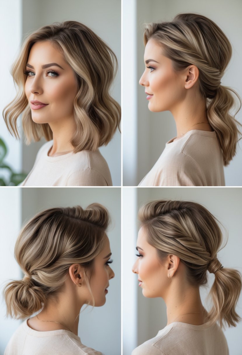 A woman with medium-length hair showing three different hairstyles: loose waves, a low ponytail, and a half-up twisted style.
