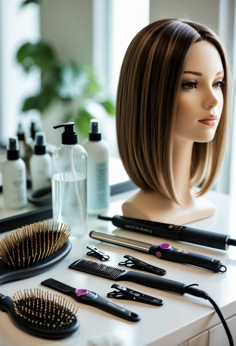 A collection of hairstyling tools arranged next to a person with medium-length hair preparing for a hairstyle.