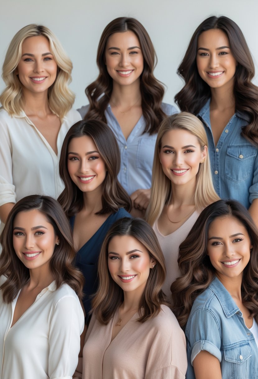 A group of women with medium-length hair showing different everyday hairstyles, smiling in a bright studio setting.