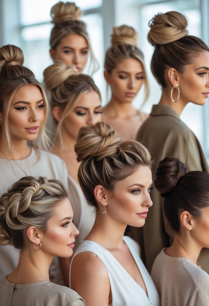 A group of women with medium-length hair posing in a bright salon, each with a different styled updo or half-up hairstyle.