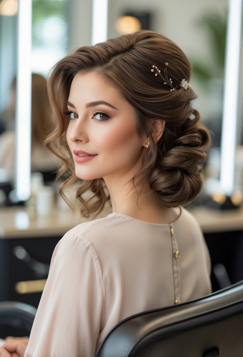A young woman with medium-length hair styled elegantly, sitting in a bright salon setting.