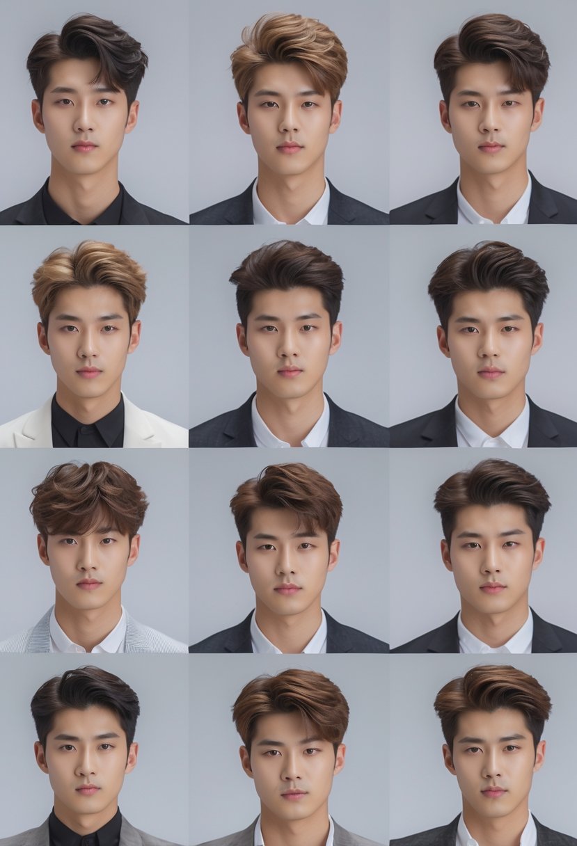 A group of ten Korean men standing together, each with a different hairstyle, in a studio setting.