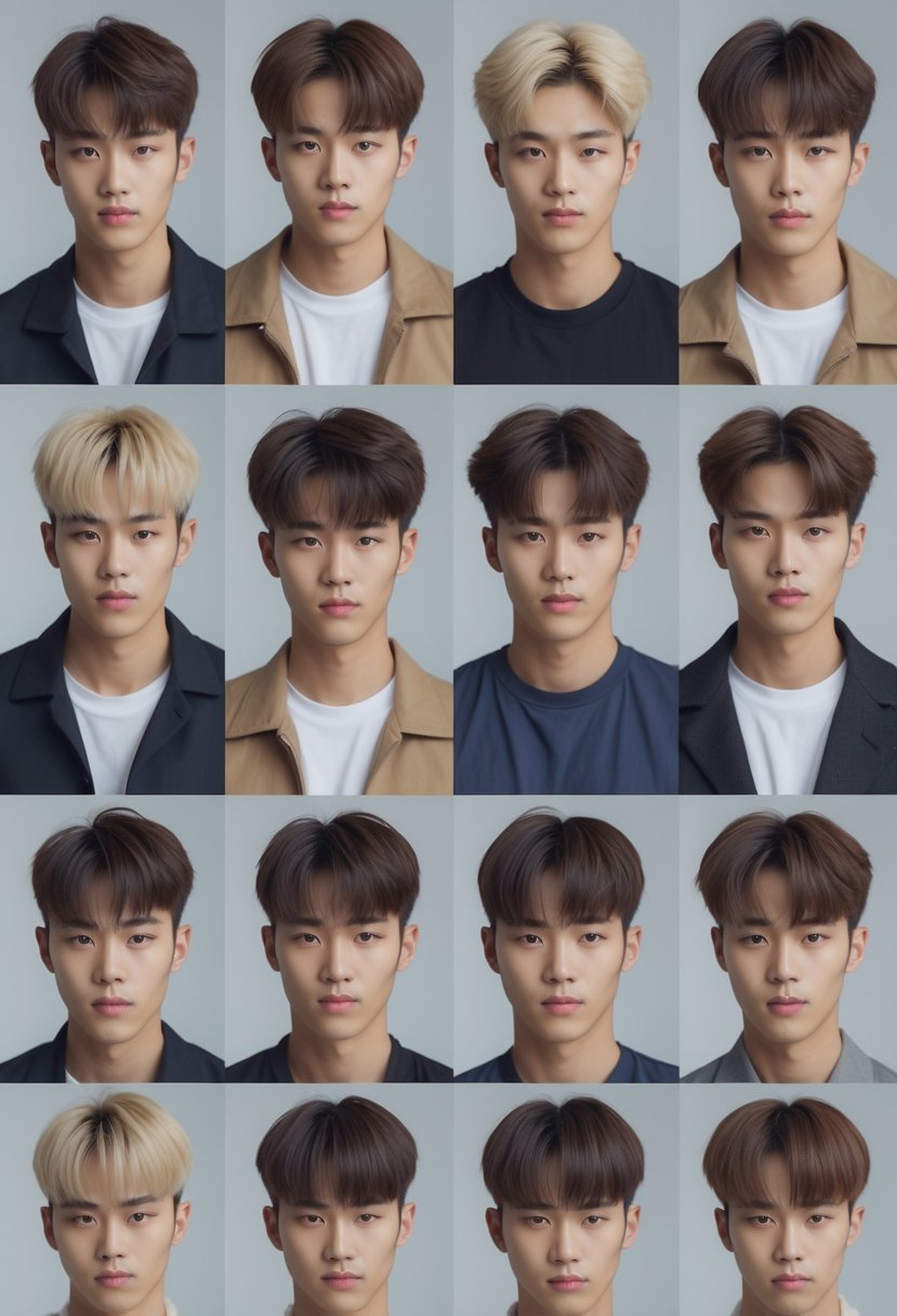 A group of 10 men with different two block haircuts posing together in a studio setting.