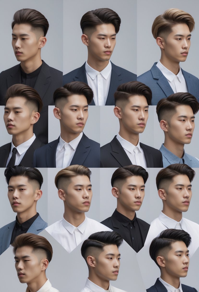 Ten Korean men standing together, each showing a different slicked back undercut hairstyle, wearing modern casual and semi-formal clothes against a plain background.